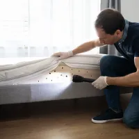 man looking under a mattress for bed bugs with a flashlight