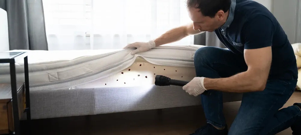 man looking under a mattress for bed bugs with a flashlight